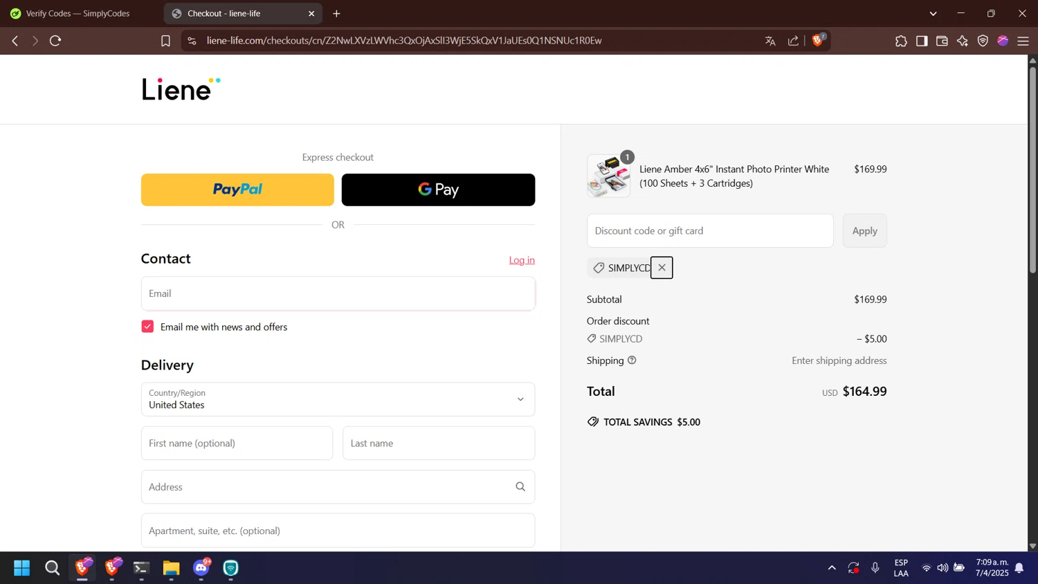 Liene discount code screenshot showing code SIMPLYCD applied at Liene checkout page. Uploaded by SimplyCodes community member esperanza on Apr 7, 2025