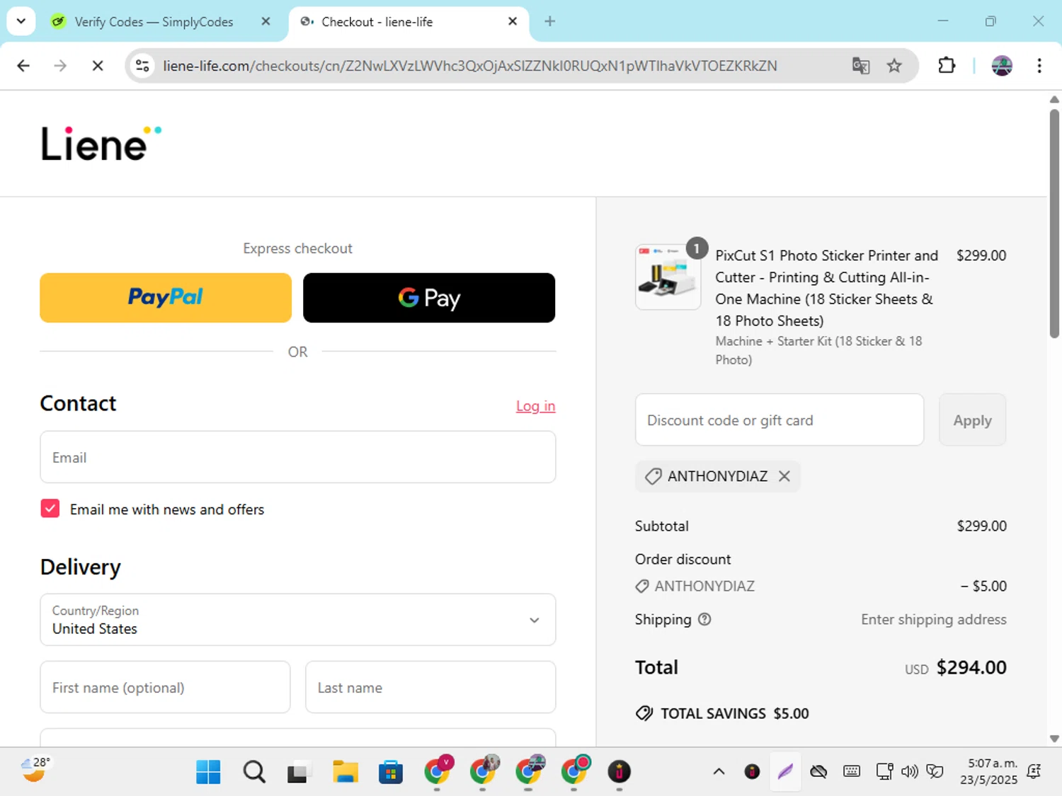 Liene discount code screenshot showing code ANTHONYDIAZ applied at Liene checkout page. Uploaded by SimplyCodes community member DiscountGenius6081 on May 23, 2025