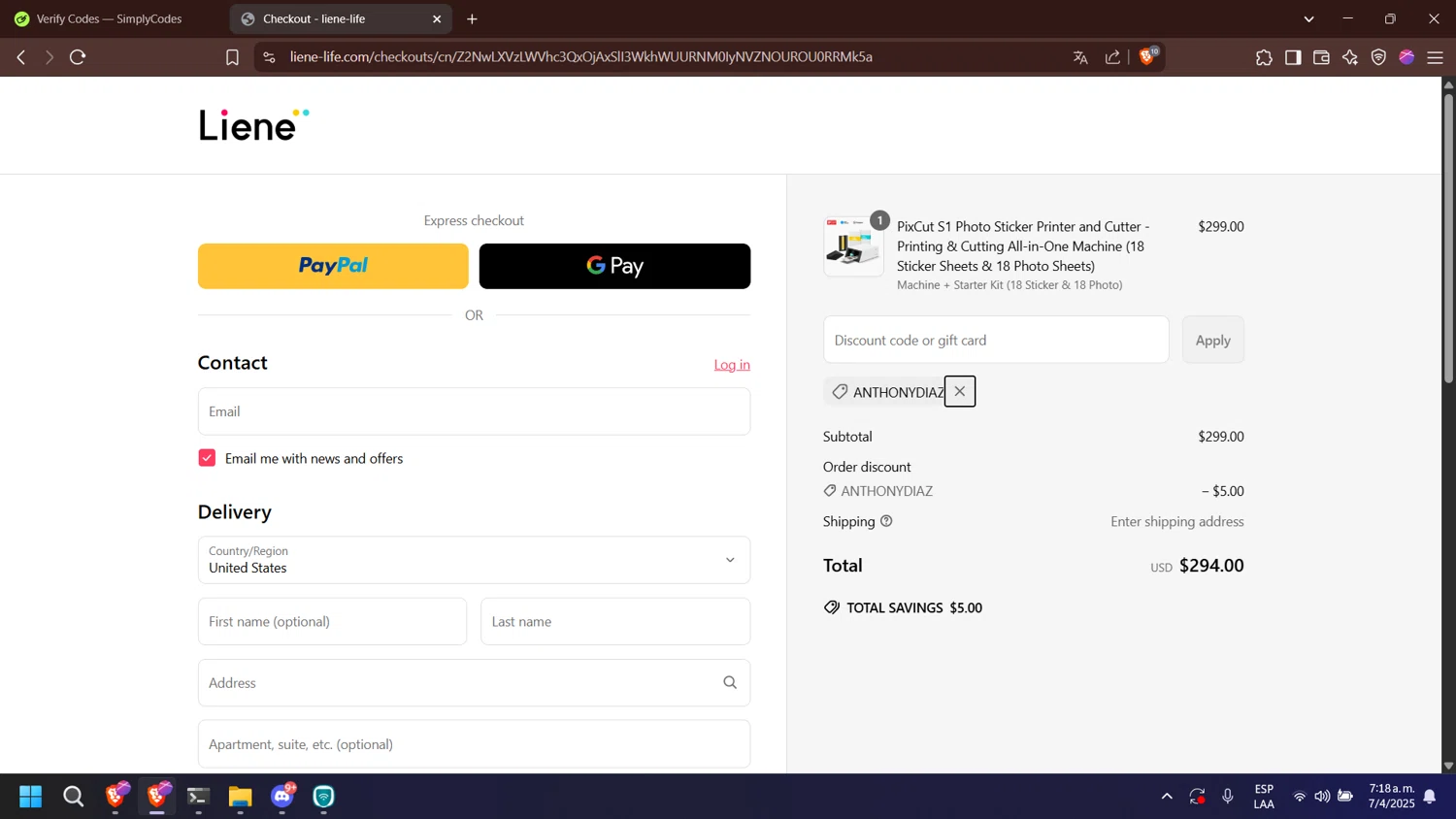 Liene discount code screenshot showing code ANTHONYDIAZ applied at Liene checkout page. Uploaded by SimplyCodes community member nabucodonosor on Apr 7, 2025