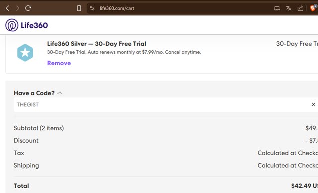 Life360 checkout page showing Life360 coupon code box | Screenshot taken by SimplyCodes community member on Aug 22, 2025