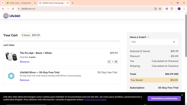 Life360 checkout page showing Life360 coupon code box | Screenshot taken by SimplyCodes community member on Aug 28, 2025