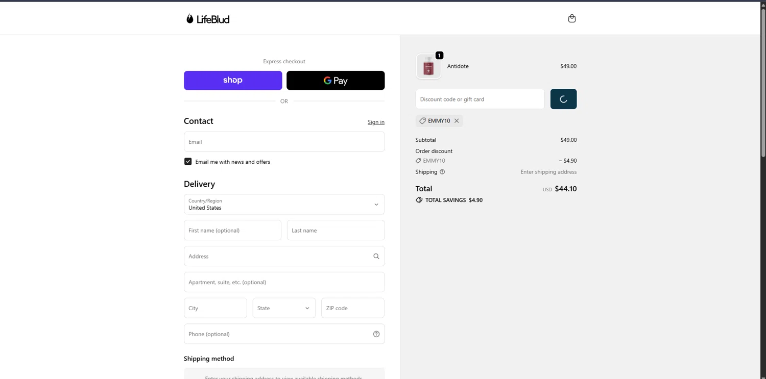 LifeBlud discount code screenshot showing code emmy10 applied at LifeBlud checkout page. Uploaded by SimplyCodes community member FrugalTitan8640 on Jan 3, 2026