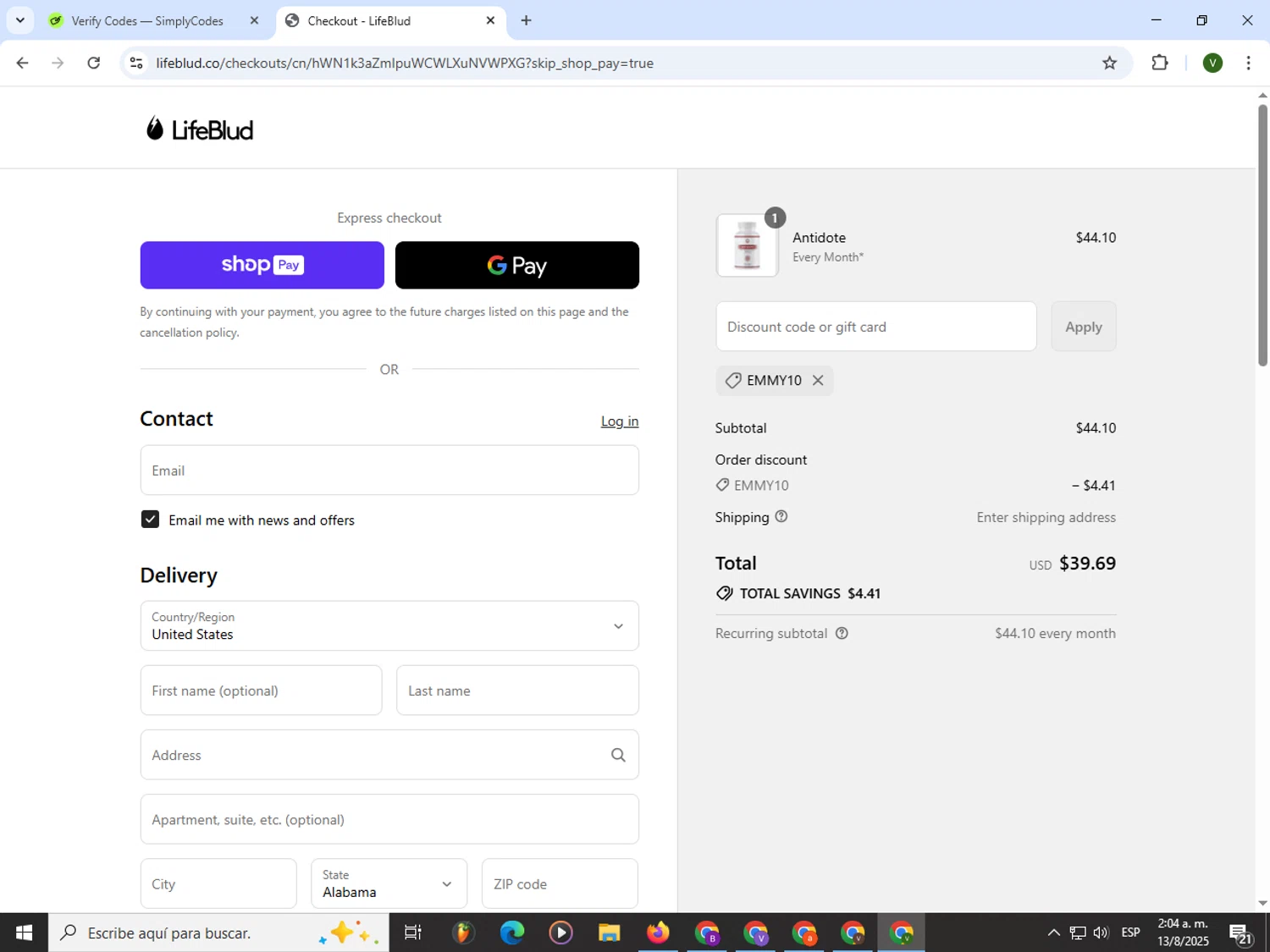 LifeBlud discount code screenshot showing code emmy10 applied at LifeBlud checkout page. Uploaded by SimplyCodes community member PrimeWizard4168 on Aug 13, 2025