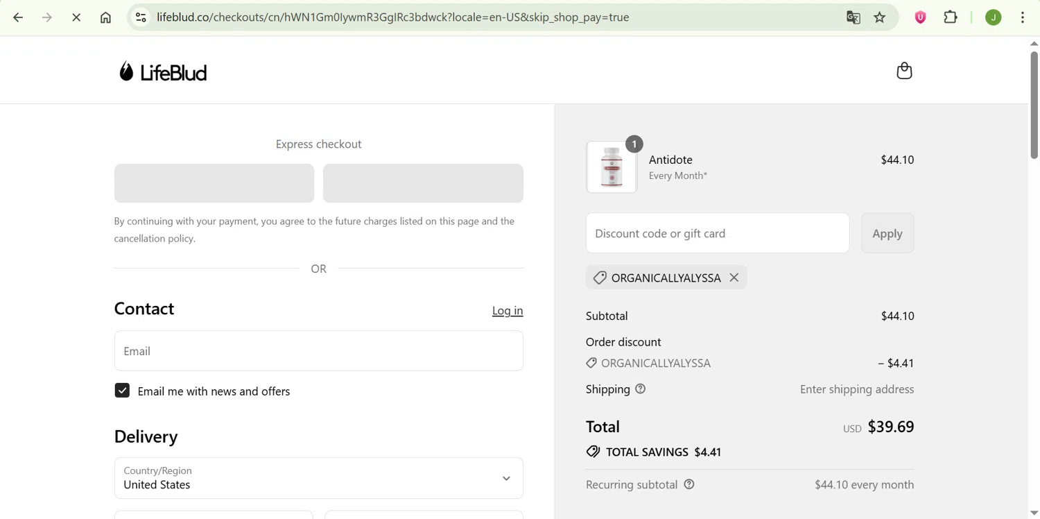 LifeBlud discount code screenshot showing code OrganicallyAlyssa applied at LifeBlud checkout page. Uploaded by SimplyCodes community member ShrewdChaser7973 on Jul 31, 2025