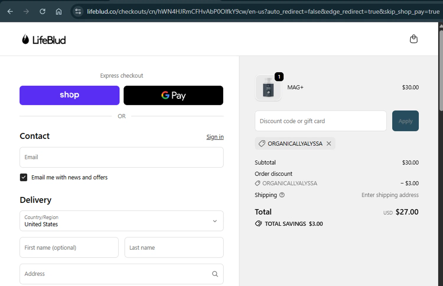 LifeBlud discount code screenshot showing code OrganicallyAlyssa applied at LifeBlud checkout page. Uploaded by SimplyCodes community member xAngel on Oct 19, 2025