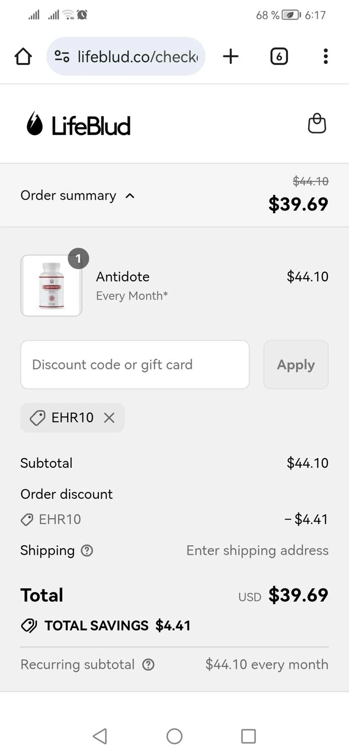 LifeBlud discount code screenshot showing code EHR10 applied at LifeBlud checkout page. Uploaded by SimplyCodes community member CoinPhoenix3025 on Sep 16, 2025