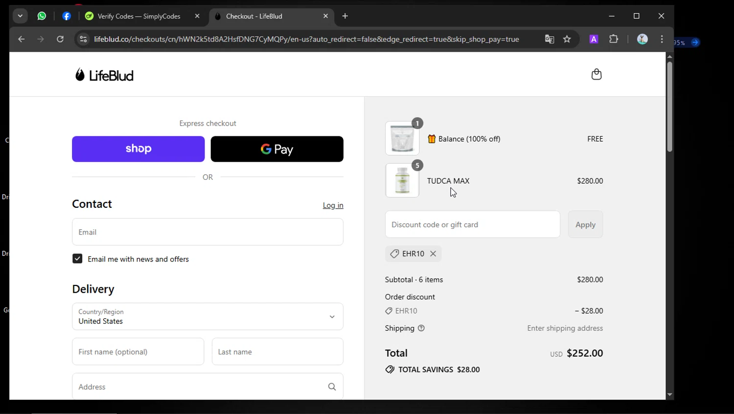 LifeBlud discount code screenshot showing code EHR10 applied at LifeBlud checkout page. Uploaded by SimplyCodes community member SilverSeeker255 on Sep 8, 2025