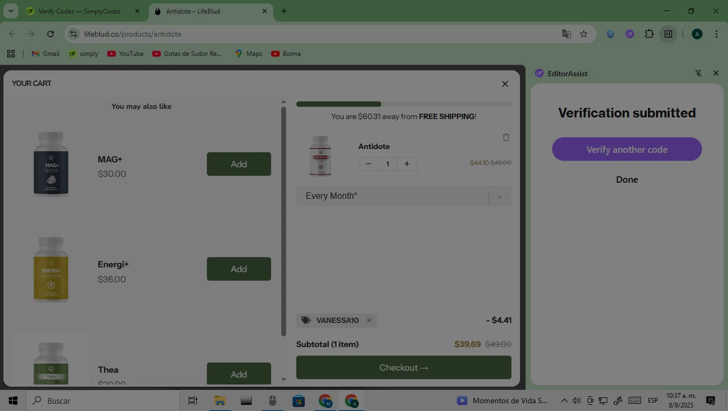 LifeBlud discount code screenshot showing code VANESSA10 applied at LifeBlud checkout page. Uploaded by SimplyCodes community member Saturno on Sep 8, 2025