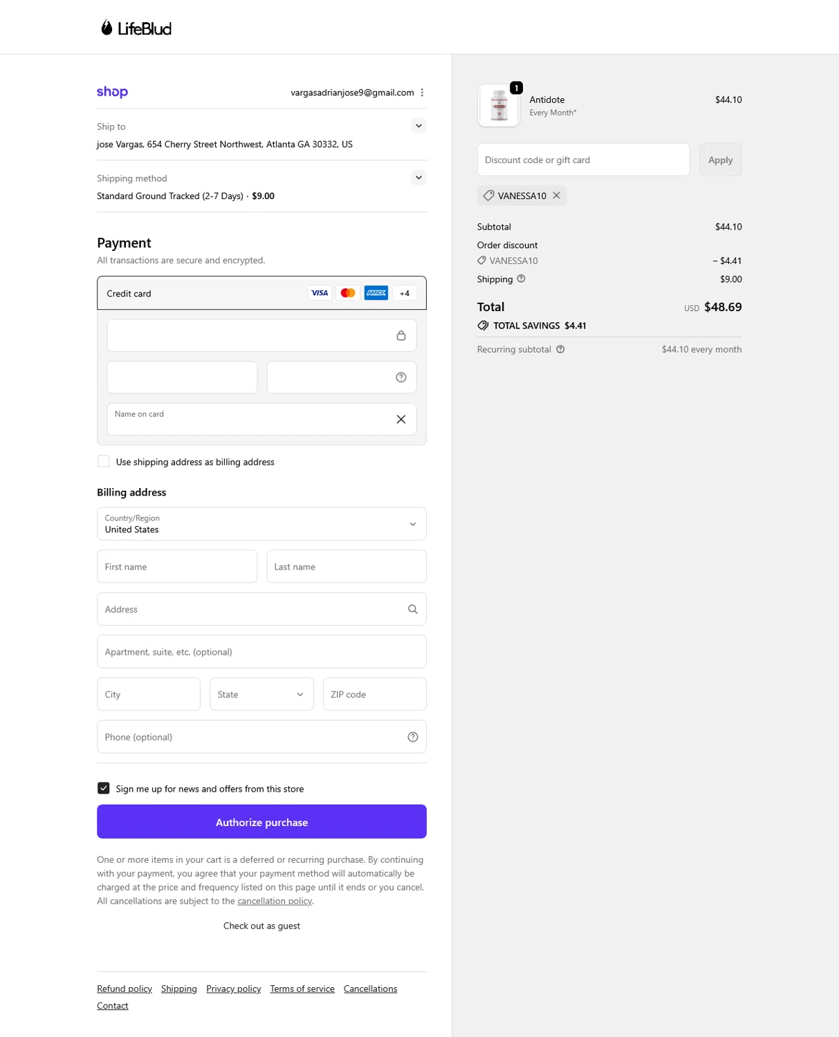LifeBlud discount code screenshot showing code VANESSA10 applied at LifeBlud checkout page. Uploaded by SimplyCodes community member WladimirV on Oct 7, 2025