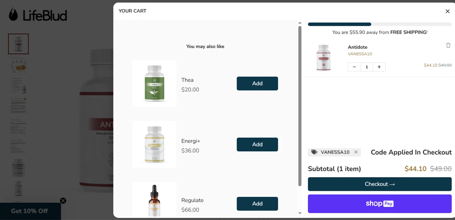 LifeBlud discount code screenshot showing code VANESSA10 applied at LifeBlud checkout page. Uploaded by SimplyCodes community member shark12 on May 26, 2025