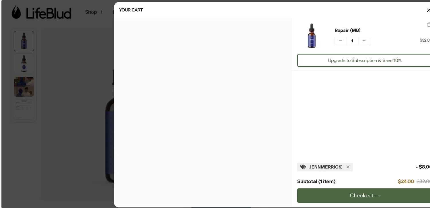 LifeBlud discount code screenshot showing code JENNMERRICK applied at LifeBlud checkout page. Uploaded by SimplyCodes community member shark12 on Dec 4, 2025