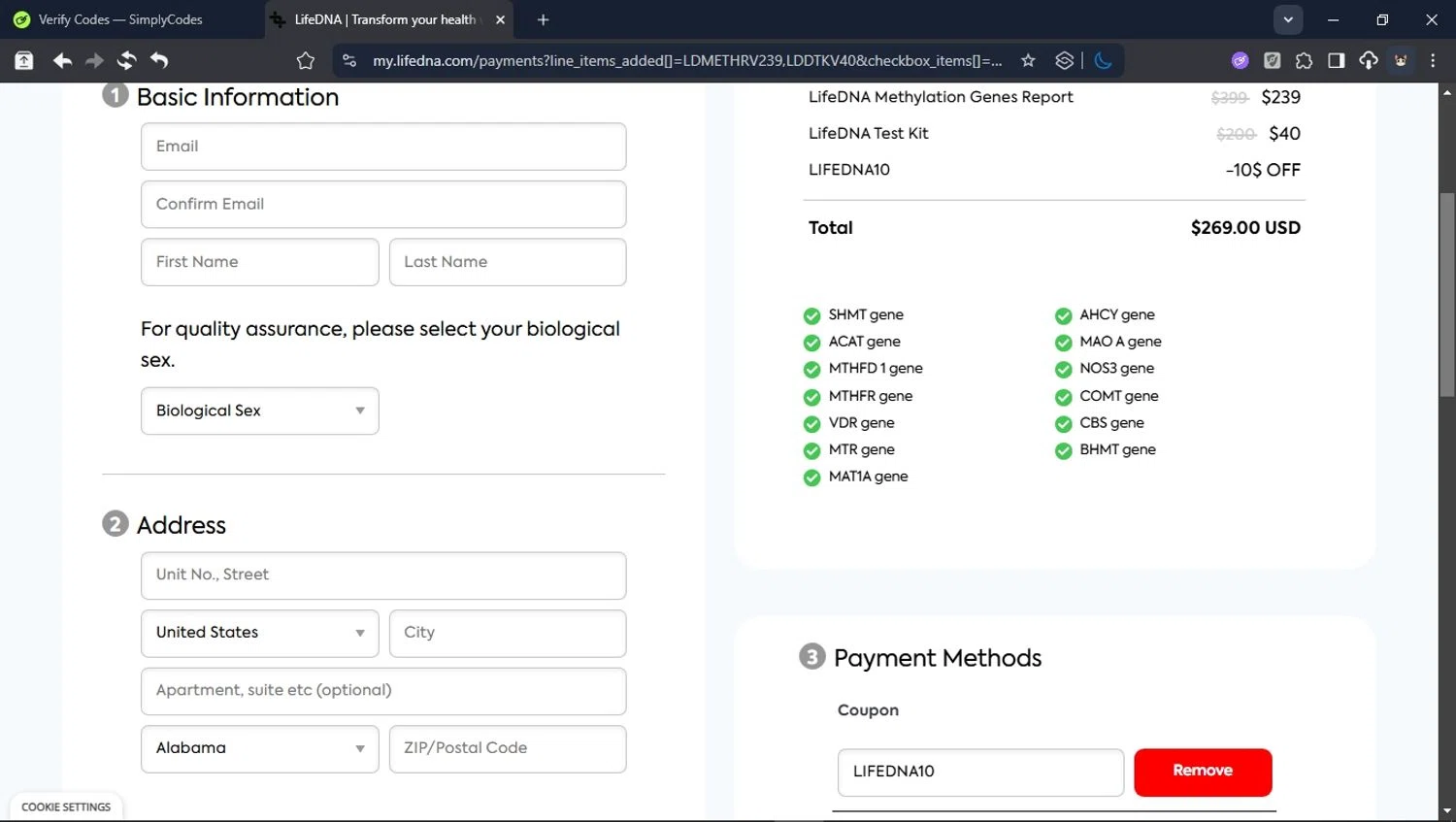 LifeDNA coupon code screenshot showing code LIFEDNA10 applied at LifeDNA checkout page. Uploaded by SimplyCodes community member CleverPioneer8971 on Oct 25, 2025