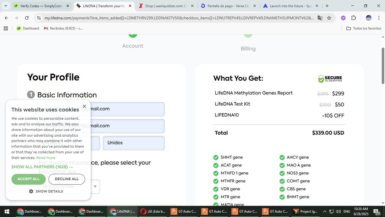 LifeDNA coupon code screenshot showing code LIFEDNA10 applied at LifeDNA checkout page. Uploaded by SimplyCodes community member TrevorPhilips on Aug 28, 2025