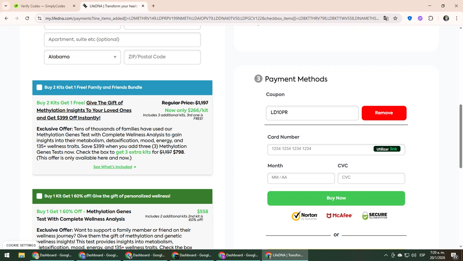 LifeDNA checkout page showing LifeDNA coupon code box | Screenshot taken by SimplyCodes community member on Jan 20, 2026