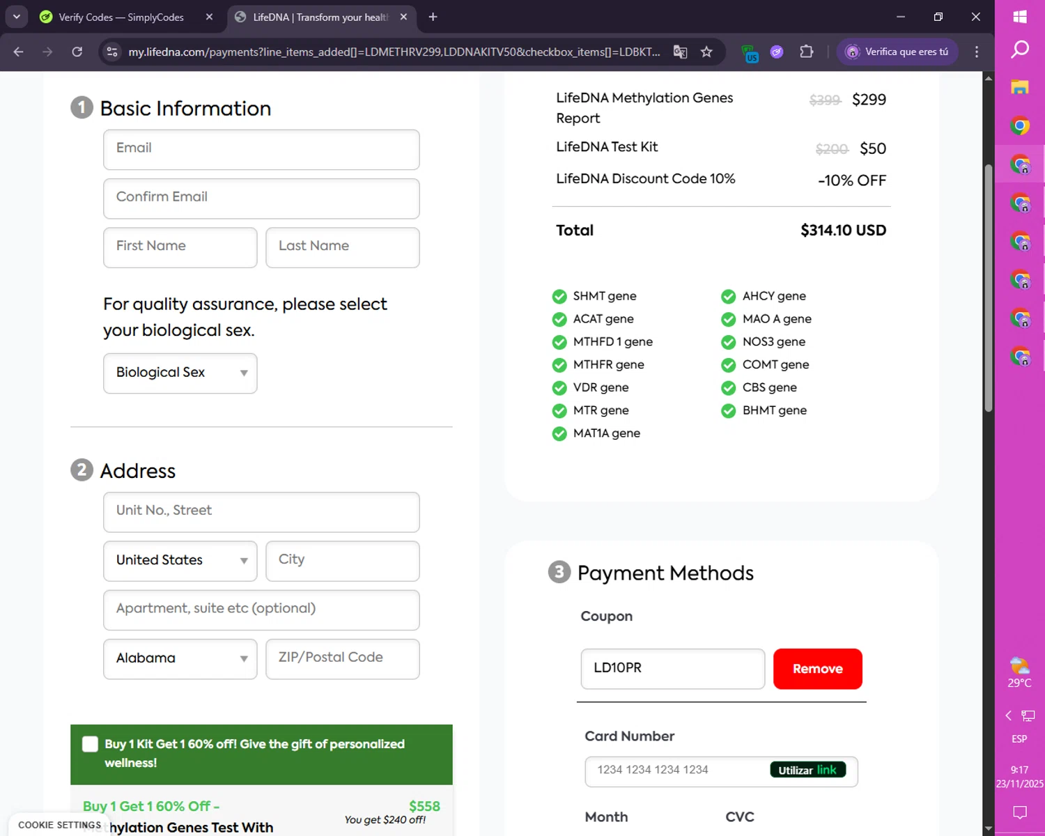 LifeDNA coupon code screenshot showing code LD10PR applied at LifeDNA checkout page. Uploaded by SimplyCodes community member CoinRanger7926 on Nov 23, 2025