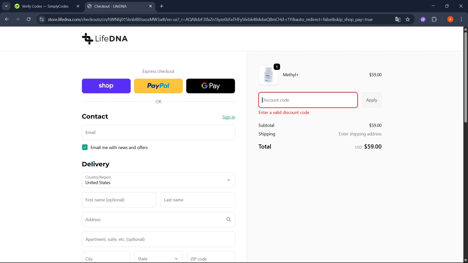 LifeDNA coupon code screenshot showing code LD10PR applied at LifeDNA checkout page. Uploaded by SimplyCodes community member GoldChaser2970 on Dec 22, 2025