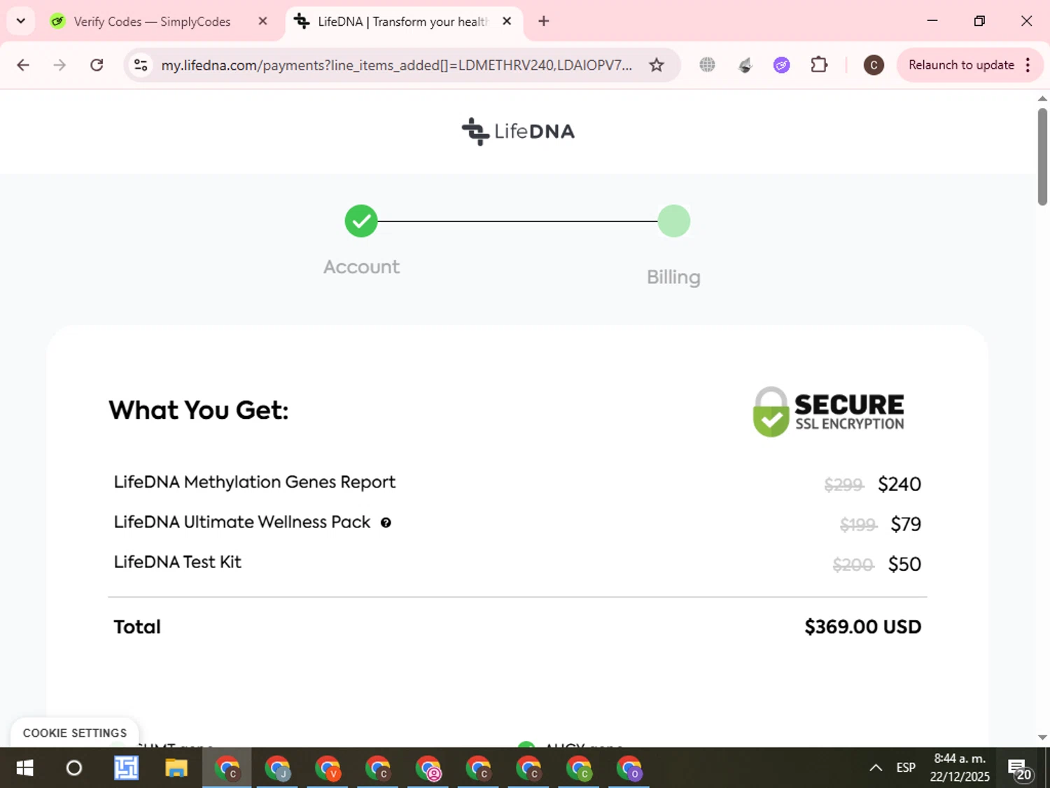 LifeDNA coupon code screenshot showing code LD10PR applied at LifeDNA checkout page. Uploaded by SimplyCodes community member WonderCurator7831 on Dec 22, 2025