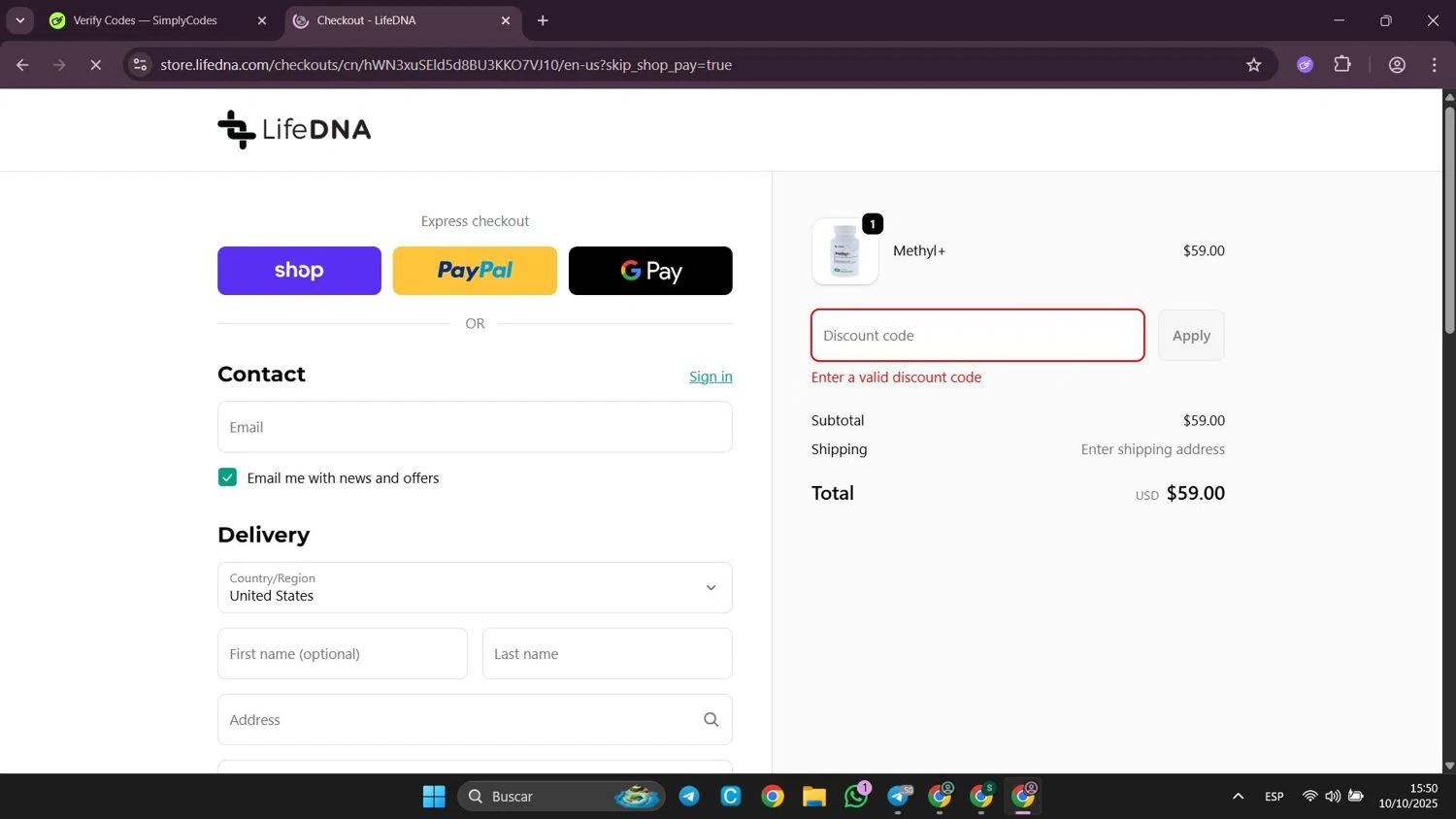 LifeDNA coupon code screenshot showing code BOREDMOM applied at LifeDNA checkout page. Uploaded by SimplyCodes community member SilverWhiz4145 on Oct 10, 2025