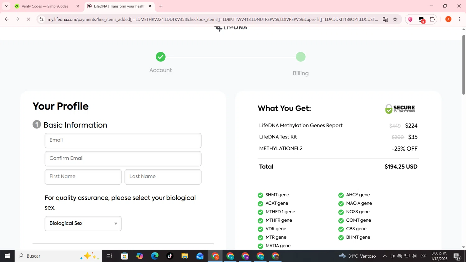 LifeDNA coupon code screenshot showing code METHYLATIONFL2 applied at LifeDNA checkout page. Uploaded by SimplyCodes community member FrugalSentinel6206 on Dec 1, 2025