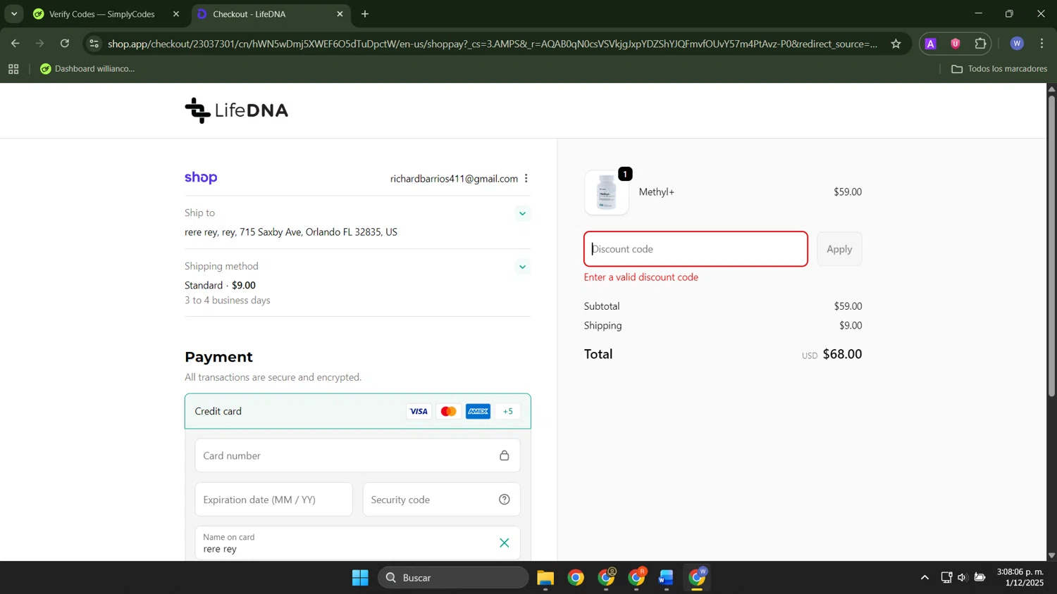 LifeDNA coupon code screenshot showing code METHYLATIONFL2 applied at LifeDNA checkout page. Uploaded by SimplyCodes community member ThriftyTracker446 on Dec 1, 2025