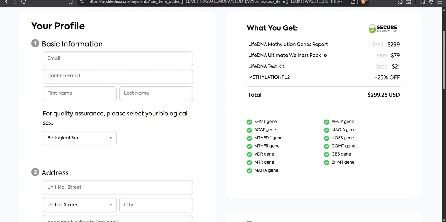 LifeDNA checkout page showing LifeDNA coupon code box | Screenshot taken by SimplyCodes community member on Nov 15, 2025
