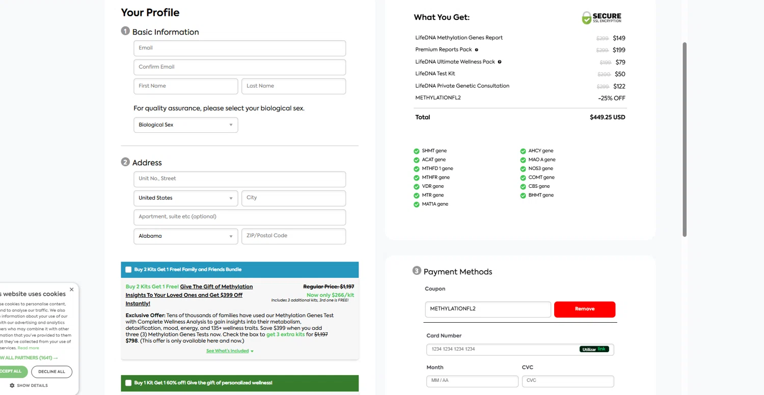 LifeDNA coupon code screenshot showing code METHYLATIONFL2 applied at LifeDNA checkout page. Uploaded by SimplyCodes community member reggiesmith on Feb 3, 2026