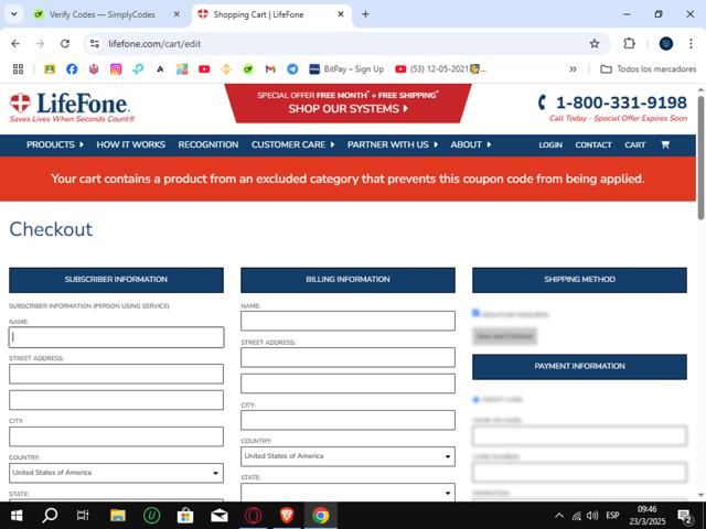 LifeFone checkout page showing LifeFone coupon code box | Screenshot taken by SimplyCodes community member on Mar 23, 2025