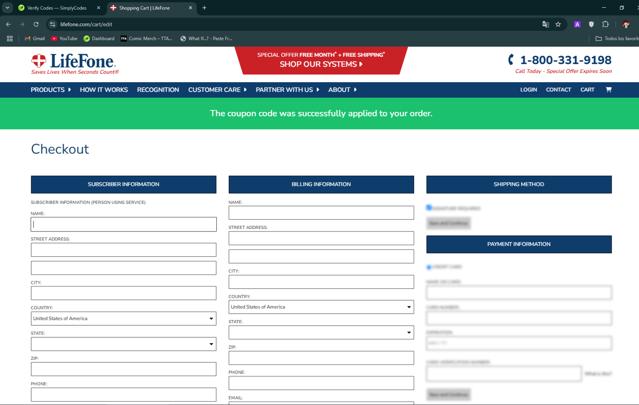 LifeFone checkout page showing LifeFone coupon code box | Screenshot taken by SimplyCodes community member on Apr 2, 2025