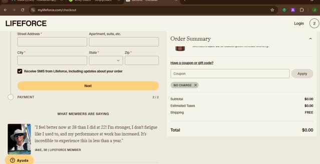 Lifeforce checkout page showing Lifeforce coupon code box | Screenshot taken by SimplyCodes community member on Aug 21, 2025