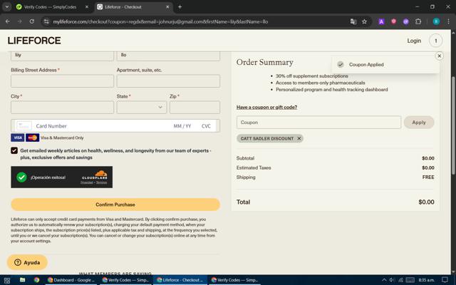 Lifeforce checkout page showing Lifeforce coupon code box | Screenshot taken by SimplyCodes community member on Aug 25, 2025