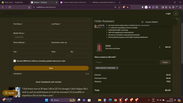 Lifeforce checkout page showing Lifeforce coupon code box | Screenshot taken by SimplyCodes community member on Aug 16, 2025