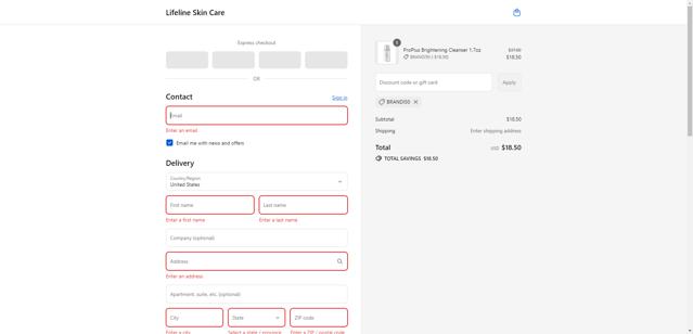 Lifeline Skin Care checkout page showing Lifeline Skin Care promo code box | Screenshot taken by SimplyCodes community member on Sep 14, 2025