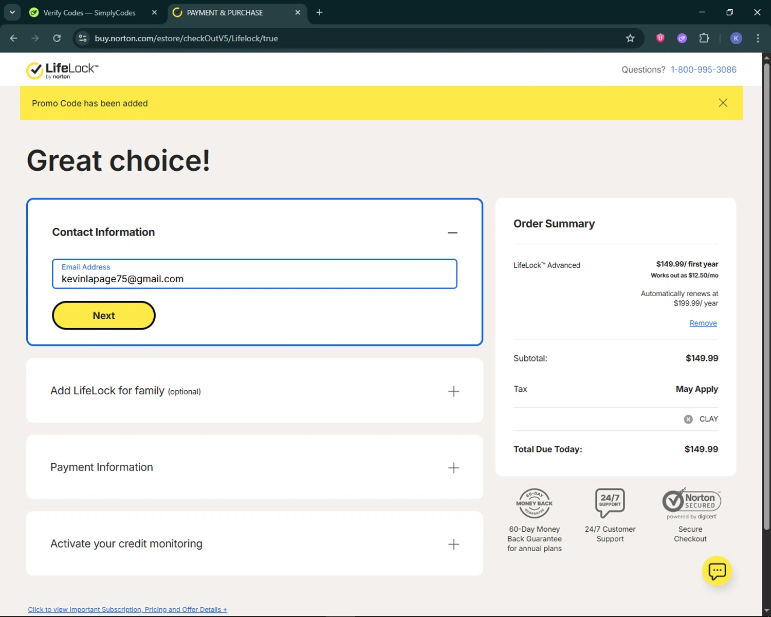 LifeLock promo code screenshot showing code CLAY applied at LifeLock checkout page. Uploaded by SimplyCodes community member KevLapage on Feb 18, 2026