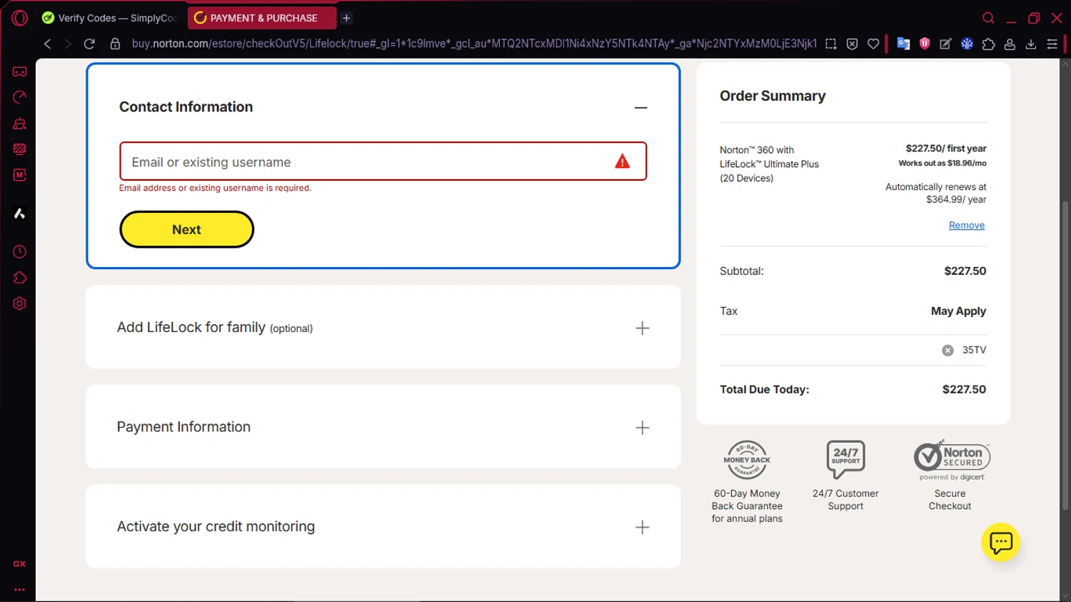 LifeLock promo code screenshot showing code 35TV applied at LifeLock checkout page. Uploaded by SimplyCodes community member TOLUENO on Jan 28, 2026
