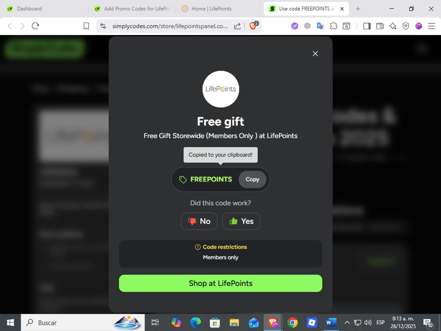 LifePoints promo code screenshot showing code FREEPOINTS applied at LifePoints checkout page. Uploaded by SimplyCodes community member ScanWarden9985 on Dec 26, 2025