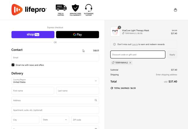 Lifepro checkout page showing Lifepro discount code box | Screenshot taken by SimplyCodes community member on Mar 18, 2025