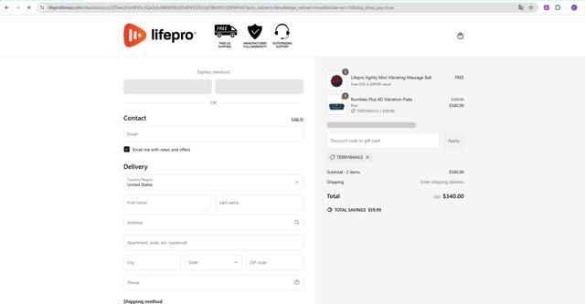 Lifepro checkout page showing Lifepro discount code box | Screenshot taken by SimplyCodes community member on Mar 18, 2025