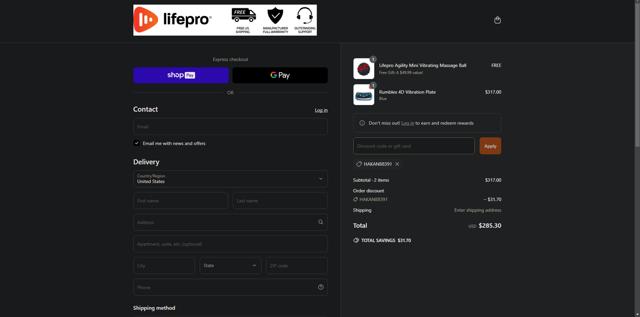 Lifepro checkout page showing Lifepro discount code box | Screenshot taken by SimplyCodes community member on Mar 19, 2025