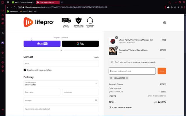 Lifepro checkout page showing Lifepro discount code box | Screenshot taken by SimplyCodes community member on Mar 19, 2025