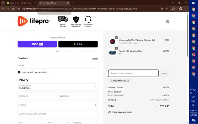 Lifepro checkout page showing Lifepro discount code box | Screenshot taken by SimplyCodes community member on Mar 19, 2025