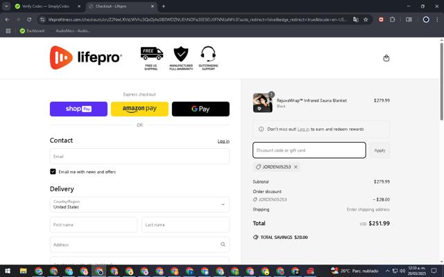 Lifepro checkout page showing Lifepro discount code box | Screenshot taken by SimplyCodes community member on Mar 20, 2025