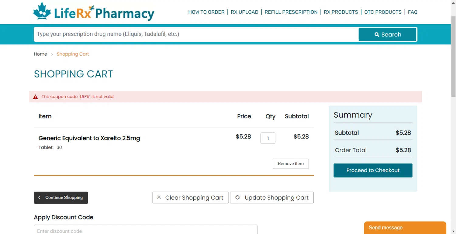 LifeRx Pharmacy discount code screenshot showing code LRP5 applied at LifeRx Pharmacy checkout page. Uploaded by SimplyCodes community member DiscountPhoenix427 on Sep 26, 2025