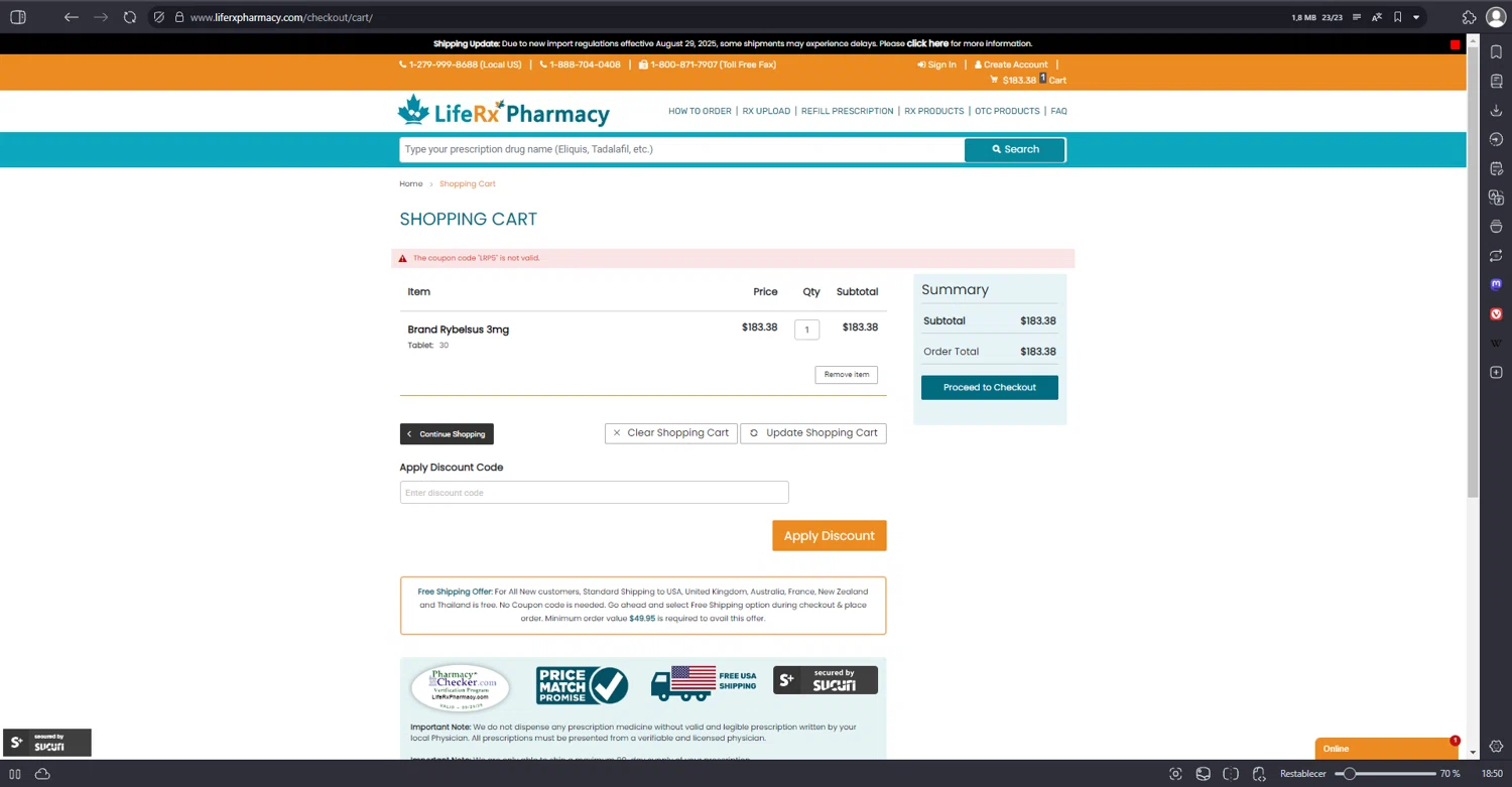 LifeRx Pharmacy discount code screenshot showing code LRP5 applied at LifeRx Pharmacy checkout page. Uploaded by SimplyCodes community member VictoriousDefender1681 on Sep 25, 2025