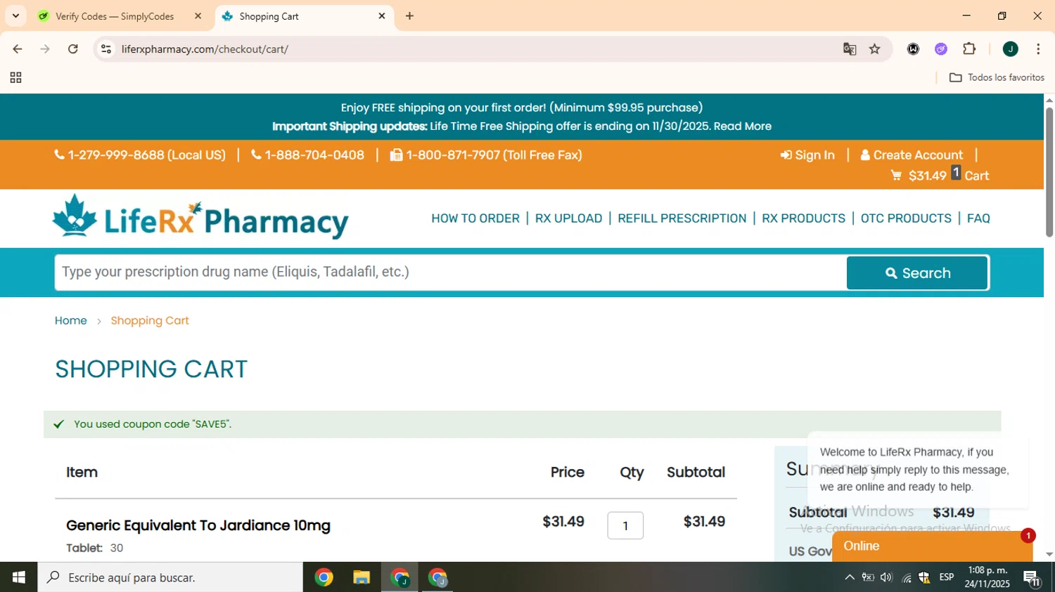 LifeRx Pharmacy discount code screenshot showing code SAVE5 applied at LifeRx Pharmacy checkout page. Uploaded by SimplyCodes community member CrownOwl1879 on Nov 24, 2025