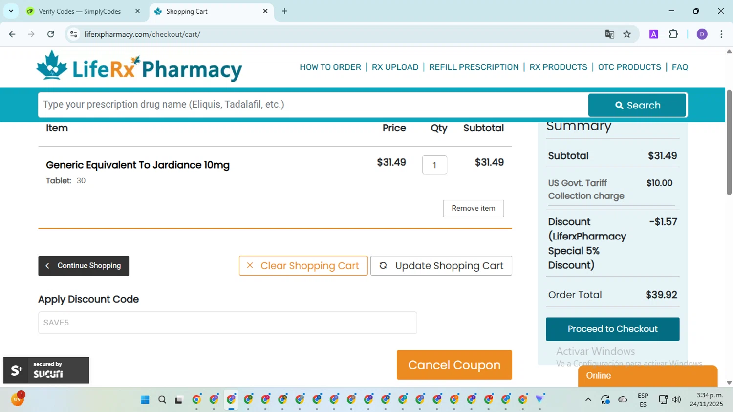 LifeRx Pharmacy discount code screenshot showing code SAVE5 applied at LifeRx Pharmacy checkout page. Uploaded by SimplyCodes community member SavingsGuardian5156 on Nov 24, 2025