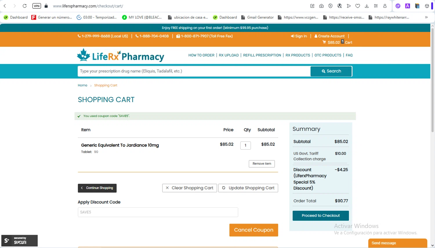 LifeRx Pharmacy checkout page showing LifeRx Pharmacy discount code box | Screenshot taken by SimplyCodes community member on Jan 28, 2026