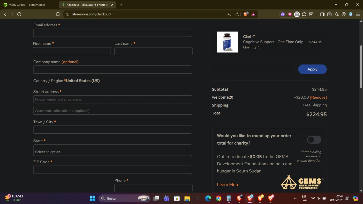 LifeSeasons promo code screenshot showing code WELCOME20 applied at LifeSeasons checkout page. Uploaded by SimplyCodes community member DealAdmiral5466 on Nov 8, 2025