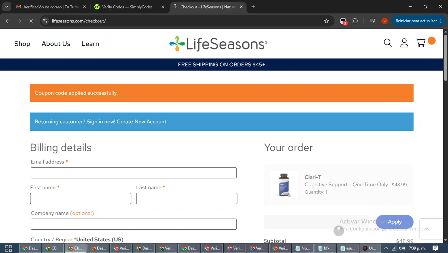 LifeSeasons promo code screenshot showing code WELCOME20 applied at LifeSeasons checkout page. Uploaded by SimplyCodes community member WiseTracker2171 on Oct 10, 2025