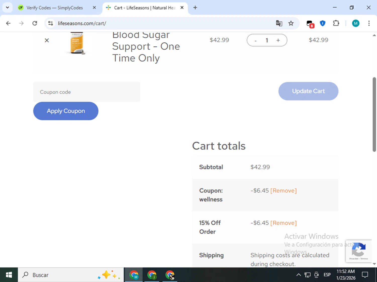 LifeSeasons checkout page showing LifeSeasons promo code box | Screenshot taken by SimplyCodes community member on Jan 23, 2026