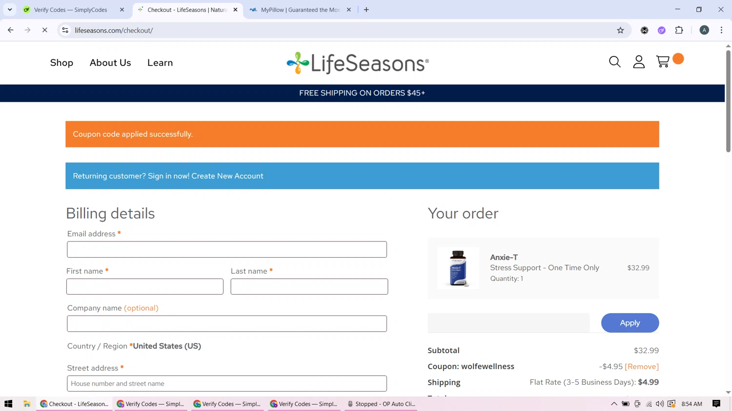 LifeSeasons promo code screenshot showing code wolfewellness applied at LifeSeasons checkout page. Uploaded by SimplyCodes community member BonusMonarch7015 on Aug 16, 2025